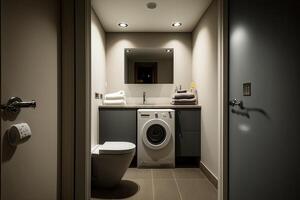intérieur de salle de bains avec moderne la lessive machine. illustration ai génératif photo