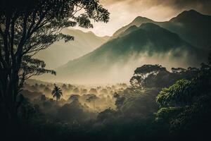 montagnes pendant le coucher du soleil. magnifique Naturel paysage. illustration ai génératif photo