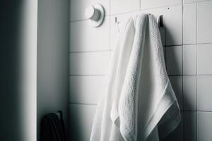blanchisserie blanc serviette dans salle de bains. illustration ai génératif photo