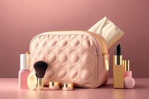 rose maquillage sac avec cosmétique des produits. illustration ai génératif photo