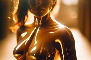 d'or femelle corps, or armure sur femme, brillant lumière arrière-plan, génératif ai photo
