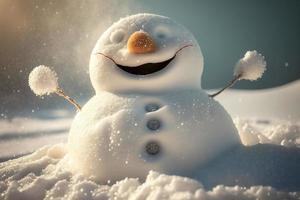 de bonne humeur bonhomme de neige en plein air dans hiver souriant, vacances Contexte photo