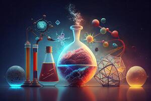 science Contexte illustration, scientifique conception. flacons, verre et chimie, la physique éléments. génératif ai photo