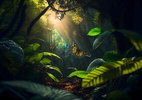 vert jungle avec rayons de soleil et papillons. ai généré photo