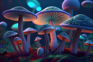 psychédélique champignons grandir Extérieur à nuit génératif ai photo