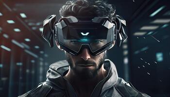 la personne porte vr, métaverse illustration. virtuel réalité, homme avec lunettes. La technologie de avenir, génératif ai photo