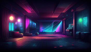 nuit club Contexte intérieur intérieur, néon lumières lueur violet toile de fond génératif ai photo