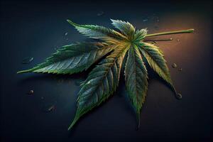 cannabis plante feuille fermer sur noir bureau, génératif ai photo