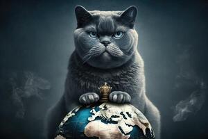 chat règle le monde génératif ai. chat détient et contrôles planète globe photo