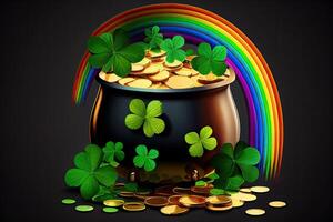 vert Contexte avec pot de or pièces de monnaie, arc en ciel et trèfle feuilles. génératif ai photo