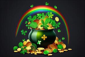 vert Contexte avec pot de or pièces de monnaie, arc en ciel et trèfle feuilles. génératif ai photo