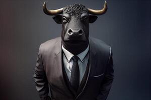 taureau dans affaires Bureau costume portrait. taureau marché, Stock marché, génératif ai photo