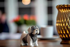porcelaine chien des stands sur une en bois tableau. flou pièce Contexte. ai généré photo