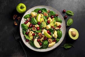 fruit salade avec rouge pommes, avocat, épinard illustration ai génératif photo