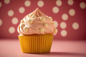 anniversaire petit gâteau sur rose. illustration ai génératif photo