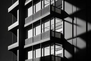 détail de le verre balcons de une minimaliste Urbain construire. illustration ai génératif photo
