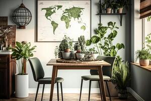 élégant et botanique intérieur de à manger pièce avec conception. illustration ai génératif photo