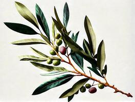 olive branche main tiré aquarelle sur une blanc Contexte. ai généré photo