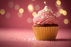 anniversaire petit gâteau sur rose. illustration ai génératif photo