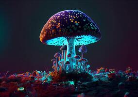 néon hallucinogène champignon sur une bleu Contexte. ai généré photo