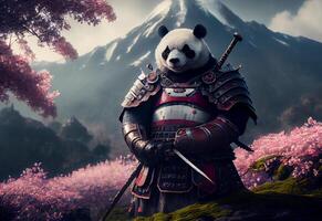 Panda samouraï et Cerise fleurs sur le Montagne. ai généré photo