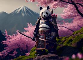 Panda samouraï et Cerise fleurs sur le Montagne. ai généré photo