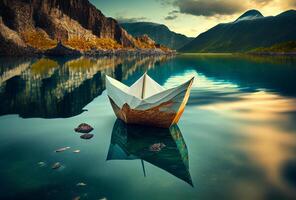 papier bateau sur le rivière parmi le montagnes. ai généré photo