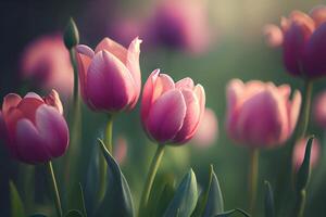 Naturel printemps lumière rose tulipes sur vert. illustration génératif ai photo
