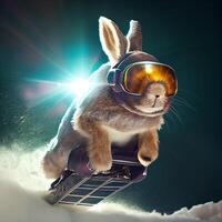 cool lapin dans ski des lunettes de protection monte une snowboard. illustration génératif ai photo