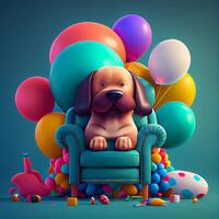 mignonne anniversaire chien séance sur chaise avec des ballons. génératif ai photo