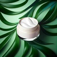 blanc cosmétique crème collection pour soin de la peau sur vert paume feuille Contexte illustration génératif ai photo