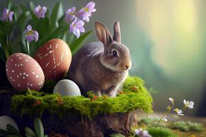 content Pâques salutation Contexte avec coloré des œufs et lapin. génératif ai photo