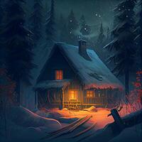 Conte de fée hiver neige forêt avec des arbres et maison. génératif ai photo