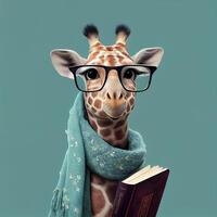 girafe dans des lunettes avec une livre. génératif ai photo