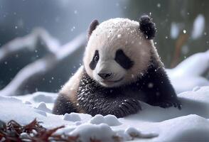 mignonne bébé Panda dans neige l'hiver. illustration génératif ai photo