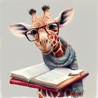 girafe dans des lunettes avec une livre. génératif ai photo