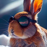 cool lapin dans ski des lunettes de protection monte une snowboard. illustration génératif ai photo