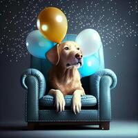 mignonne anniversaire chien séance sur chaise avec des ballons. génératif ai photo