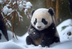 mignonne bébé Panda dans neige l'hiver. illustration génératif ai photo