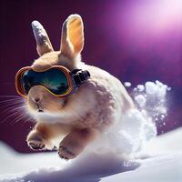 cool lapin dans ski des lunettes de protection monte une snowboard. illustration génératif ai photo