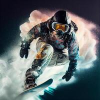 homme dans ski des lunettes de protection monte une snowboard de une neigeux Montagne. illustration génératif ai photo