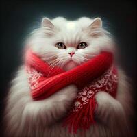 blanc chat avec rouge foulard. génératif ai photo