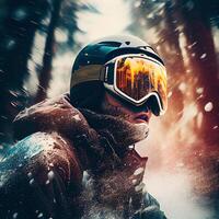 homme dans ski des lunettes de protection monte une snowboard de une neigeux Montagne. illustration génératif ai photo