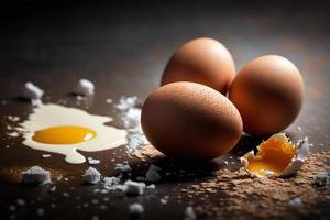 poulet œufs, marron et blanc des œufs sur une tableau. des œufs prêt à être utilisé avec farine et blé dans recette sur le tableau. les types de des œufs utilisé dans gâteau préparation et divers recettes. photo