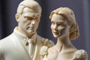 la mariée et jeune marié sur Haut de gâteau ou poupées sur Haut de gâteau. nostalgie et souvenirs de une bien content mariage photo
