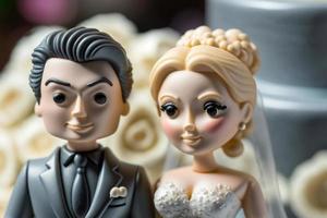 la mariée et jeune marié sur Haut de gâteau ou poupées sur Haut de gâteau. nostalgie et souvenirs de une bien content mariage photo