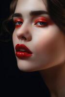 magnifique femme avec rouge lèvres et yeux maquillage photo