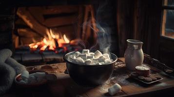 chaud Chocolat avec guimauves dans de face de une cheminée dans hiver photo