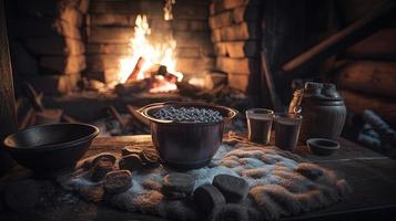 chaud Chocolat avec guimauves dans de face de une cheminée dans hiver photo