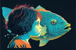 enfant avec poisson logo. photo